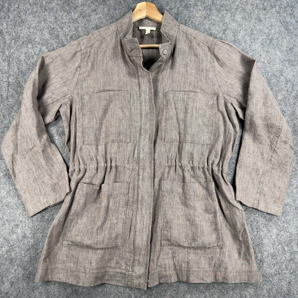 Eileen‎ Fisher Jacket Womens Petite Small Gray Organic Linen Zip Pockets Utility